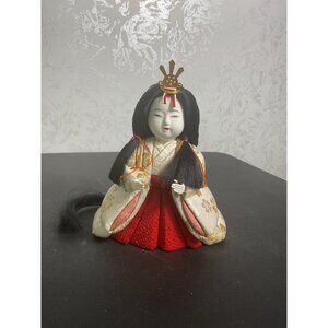 Japanese Princess Doll With Red Kimono & Gold Floral Pattern Sitting